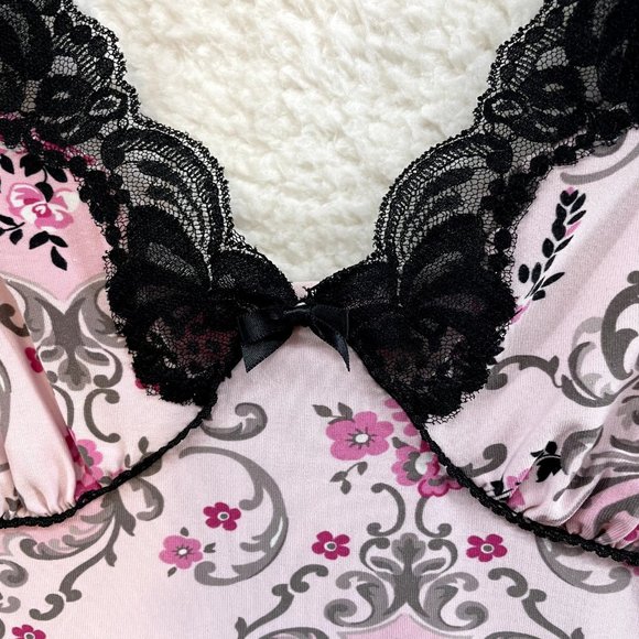 Y2K 2000s Whispers Pink Floral Swirl Slinky Stretch Lingerie Mini Slip Dress M - Picture 4 of 9